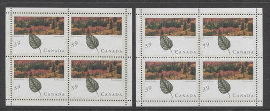 Lot 93B Canada #1286b 39c Multicolored Boreal Forest, 1990 Majestic Forests Of Canada, 2 VFNH Mini Panes Of 4 On DF/DF & DF/LF Peterborough Papers
