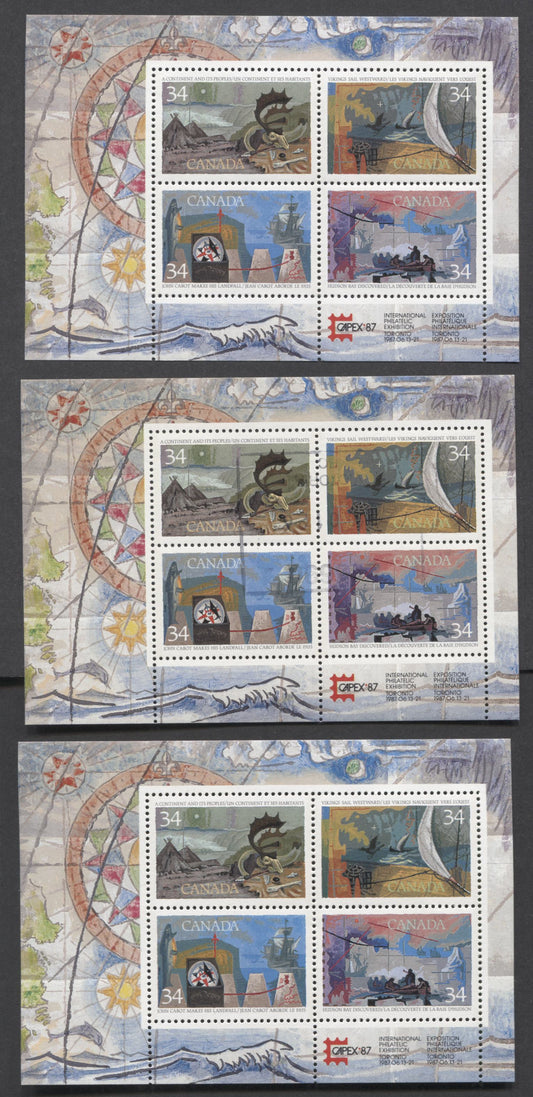 Lot 94 Canada #1107b 34c Multicolored The Vikings - John Cabot, 1986 Explorers Issue, 3 VFNH Souvenir Sheets Of 4 With DF/NF & DF/DF Papers & Different Gums