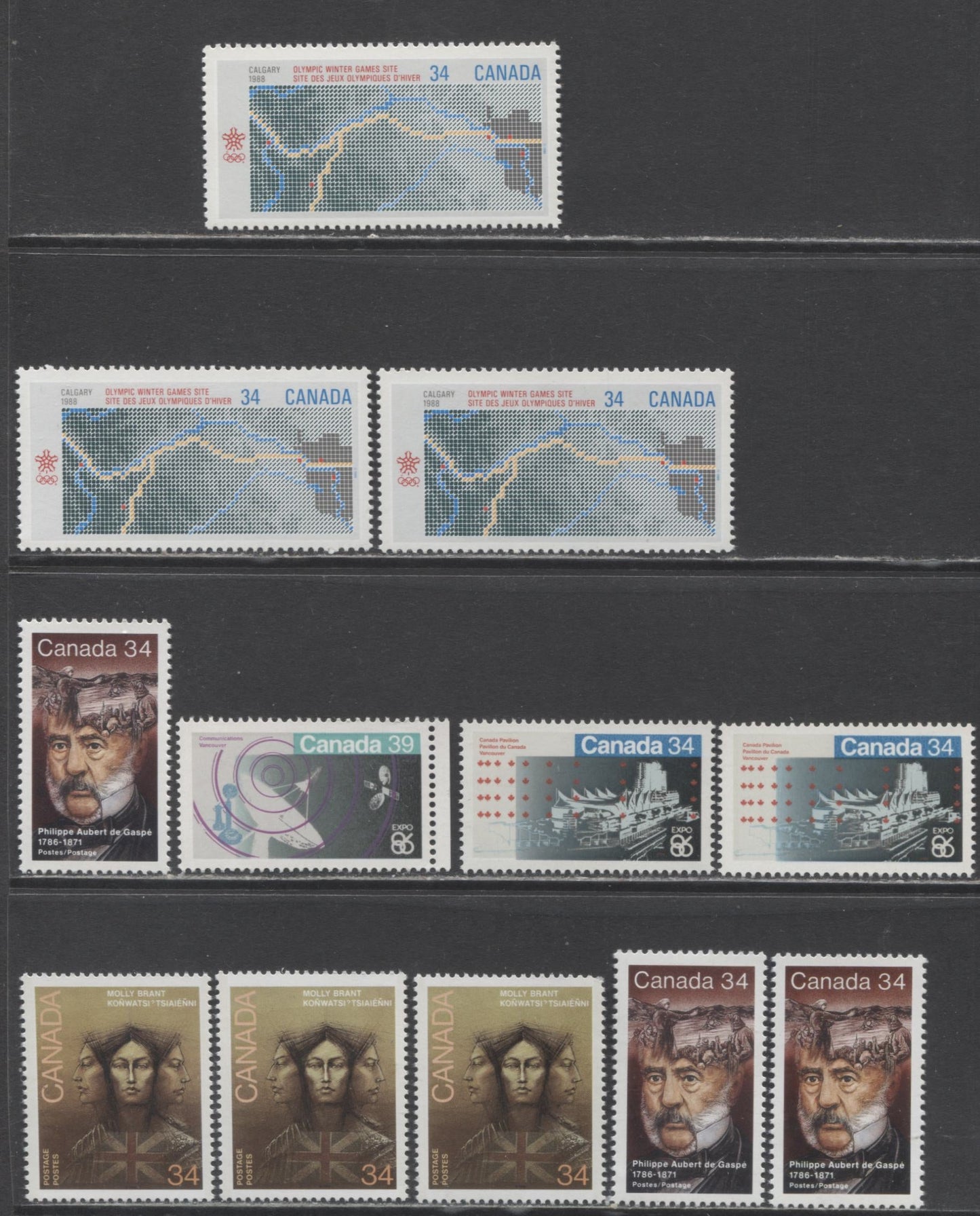 Lot 98 Canada #1077-1079, 1090-1091i 34c - 39c Multicolored Map - Molly Brant, 1986 Commemoratives, 12 VFNH Singles With Different Papers