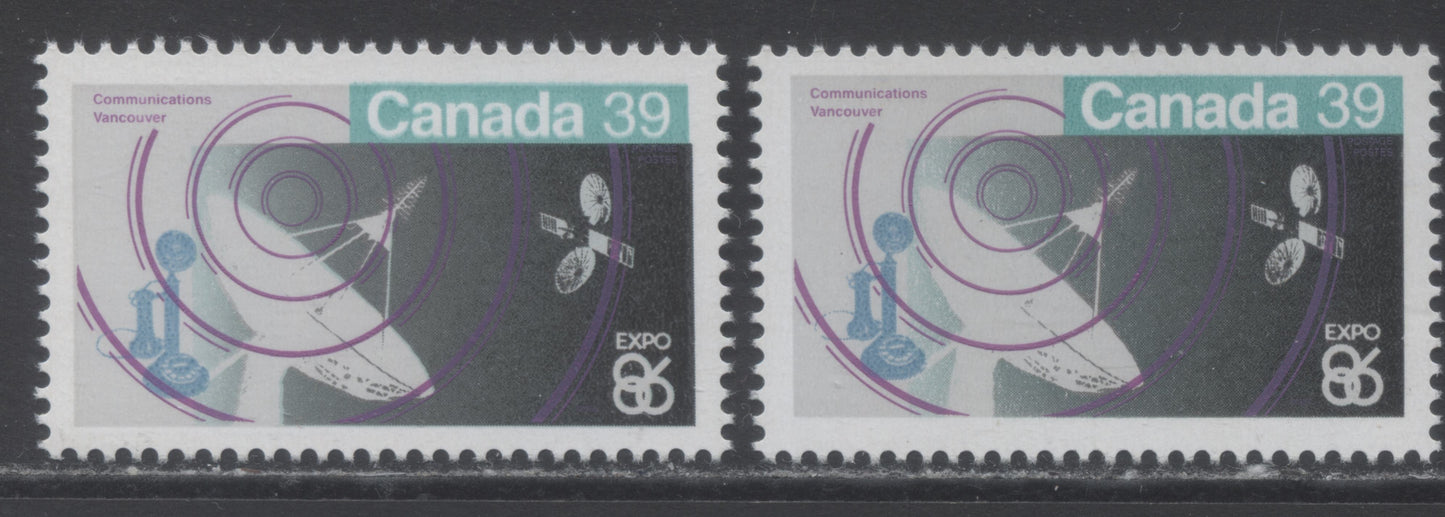 Lot 99 Canada #1079 39c Multicolored Communications, 1986 Expo 86, 2 VFNH Singles One Showing Ghost Print In Canada