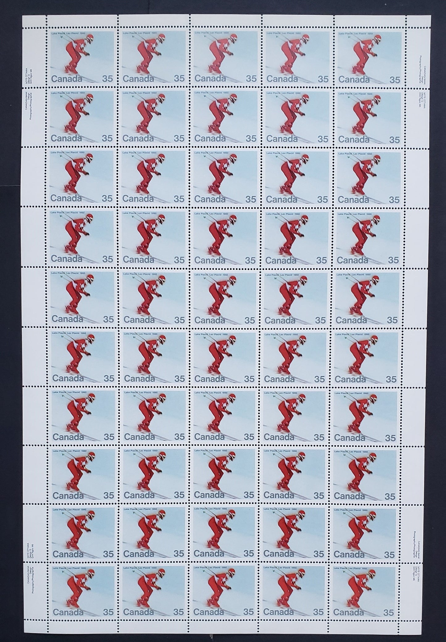 Lot 350 Canada #848 17c Multicoloured, 1980 Lake Placcid Issue, A VFNH Complete Inscription Sheet of 50 on DF/DF-fl Paper