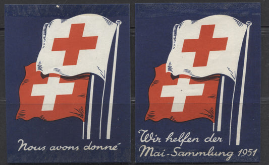 Lot 73 Switzerland SC#Unlisted Red and Blue 1951 Red Cross Society Labels - Swiss Red Cross Window Labels, 2 VF Examples, Click on Listing to See ALL Pictures, Estimated Value $5 USD