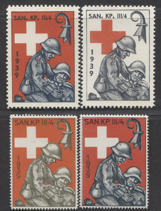 Lot 85 Switzerland SC#Unlisted  1939 Military Stamp Issue - SAN. KP. III/4 Division, Thin And Thick Lettering. Perf, 4 VFNH and VFOG Examples, Click on Listing to See ALL Pictures, Estimated Value $10 USD