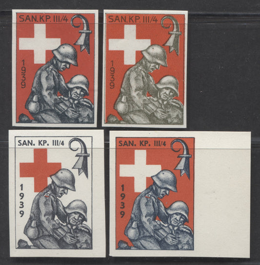 Lot 86 Switzerland SC#Unlisted  1939 Military Stamp Issue - SAN. KP. III/4 Division, Thin And Thick Lettering. Imperf, 4 VFNH Examples, Click on Listing to See ALL Pictures, Estimated Value $15 USD