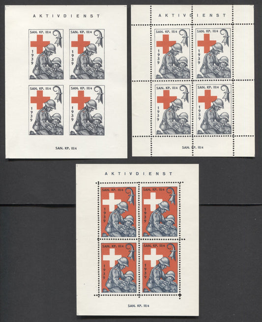 Lot 91 Switzerland SC#Unlisted  1939 Military Stamp Issue - SAN. KP. III/4 Division, Perf And Imperf , 3 VFNH and VFLH Sheetlets of 4, Click on Listing to See ALL Pictures, Estimated Value $30 USD