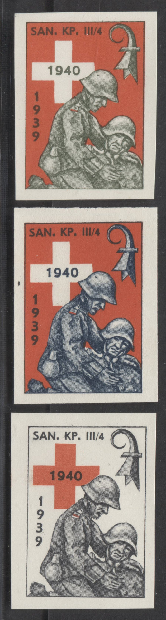 Lot 94 Switzerland SC#Unlisted  1939 - 1940 Military Stamp Issue - SAN. KP. III/4 Division, 1940 Overprints, Imperf, 3 VFOG Examples, Click on Listing to See ALL Pictures, Estimated Value $12 USD