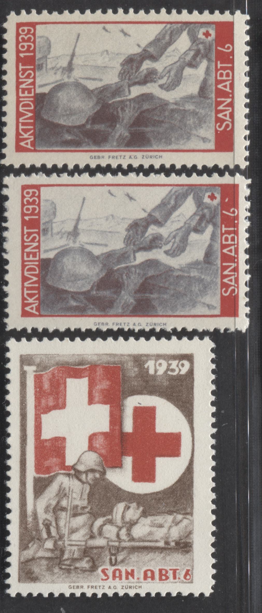 Lot 99 Switzerland SC#Unlisted  1939 Military Stamp Issue - GEB.SAN.ABT.6 Division, Normal And With Apostrophe After '6', And Transport D'Un Blesse, 3 F/VFNH and F/VFOG Examples, Click on Listing to See ALL Pictures, Estimated Value $10 USD