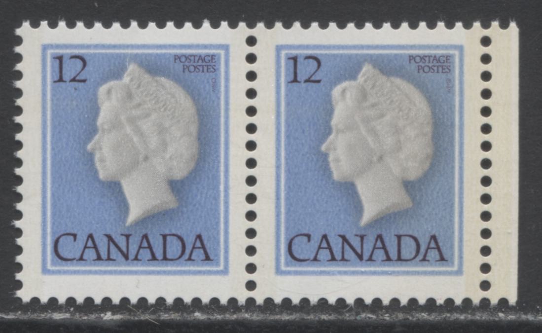 Lot 128 Canada 713var 12c Light Blue, Grey and Dark Purple Queen Elizabeth II, 1977-1982 Floral Issue, A VFNH Pair on DF/DF-fl Paper Showing Weaker Tag Bar at Right