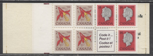 Lot 68 Canada #BK78dvar 14c Queen Elizabeth II and 2c Western Columbine, 1977-1982 Floral Issue, A VFNH Complete Booklet With 100mm mm Pane, DF/LF-fl Bluish White Smooth Paper, Showing Constant Scratch on Inside Cover
