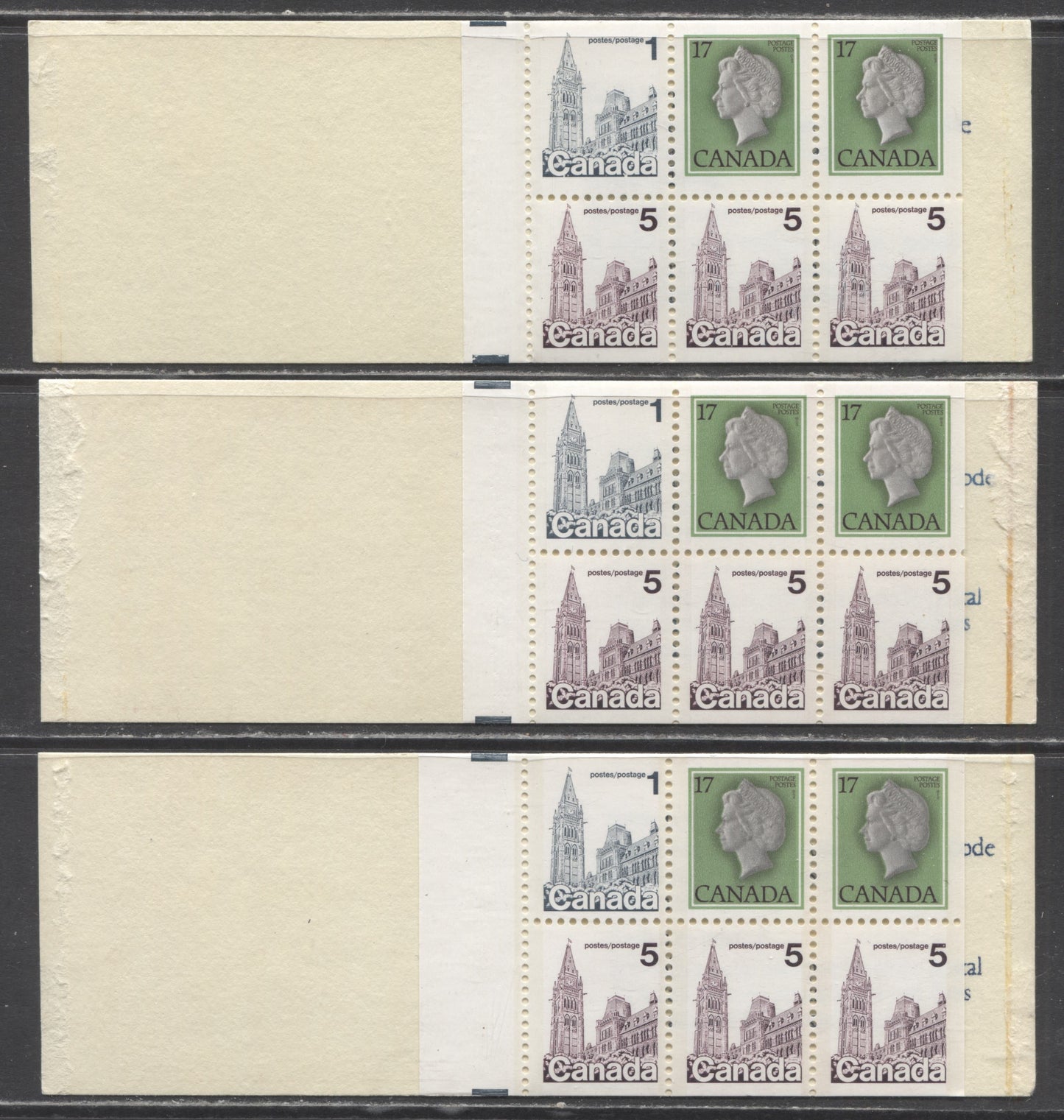 Lot 73 Canada #BK80h 17c Queen Elizabeth II, 1c & 5c Parliament, 1977-1982 Floral Issue, 3 VFNH Complete Counter Booklets With 70-77 mm Panes, DF/LF-fl Paper, 4.5 mm Wide Tagging