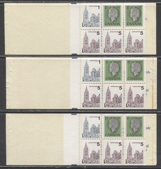 Lot 73 Canada #BK80h 17c Queen Elizabeth II, 1c & 5c Parliament, 1977-1982 Floral Issue, 3 VFNH Complete Counter Booklets With 70-77 mm Panes, DF/LF-fl Paper, 4.5 mm Wide Tagging