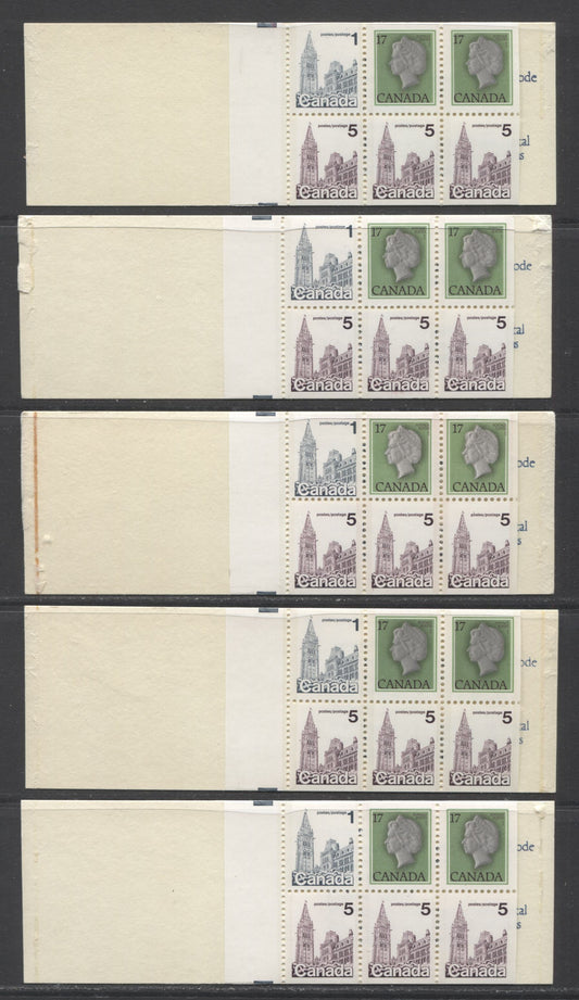 Lot 81 Canada #BK80a, 80h 17c Queen Elizabeth II, 1c & 5c Parliament, 1977-1982 Floral Issue, 16 VFNH Complete Booklets With 70-76 mm Panes, Various Papers, Various Covers and 3.5 mm Tagging