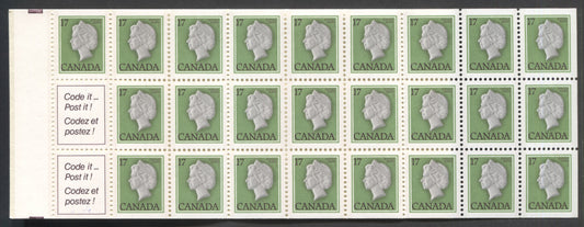 Lot 86 Canada #BK81a (McCann #BK81Aa) 17c Green, Grey and Deep Rose Lilac Queen Elizabeth II, Complete Booklet of 25 + 2 Labels, Smooth DF/DF Paper, DF Running Letters Cover, 4 mm Tagging