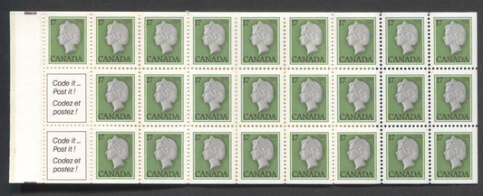 Lot 87 Canada #BK81b (McCann #BK81Aj) 17c Green, Grey and Deep Rose Lilac Queen Elizabeth II, Complete Booklet of 25 + 2 Labels, Vertically Ribbed DF/DF-fl Paper, DF Womain Mailing Letter Cover, 4 mm Tagging