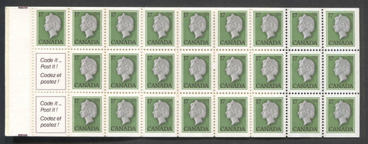 Lot 88 Canada #BK81b (McCann #BK81As) 17c Green, Grey and Deep Rose Lilac Queen Elizabeth II, Complete Counter Booklet of 25 + 2 Labels, Vertically Ribbed DF/LF-fl Paper, DF Woman Mailing Letter Cover, 4 mm Tagging
