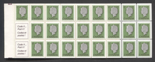 Lot 89 Canada #BK81b (McCann #BK81Aj) 17c Green, Grey and Deep Rose Lilac Queen Elizabeth II, Complete Counter Booklet of 25 + 2 Labels, Vertically Ribbed DF/DF Paper, DF Man and Mailbox Cover, 4 mm Tagging