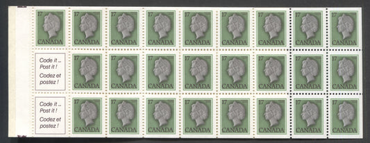 Lot 90 Canada #BK81a (McCann #BK81Da) 17c Green, Grey and Deep Rose Lilac Queen Elizabeth II, Complete Booklet of 25 + 2 Labels, Smooth DF/DF Paper, DF Woman Mailing Letter Cover With Wavy Lines, 3 mm Tagging