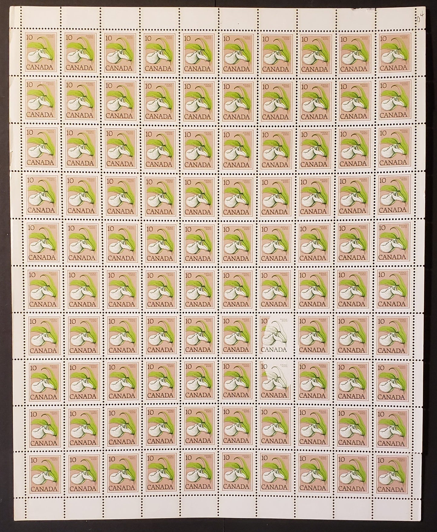 Lot 9 Canada #711a 10c Ochre & Multicoloured Lady's Slipper, 1977 Floral Definitives, A VFNH Full Sheet Field Stock Sheet of 100 Showing Dramatic Repellex Error on Positions 67-68 and 77