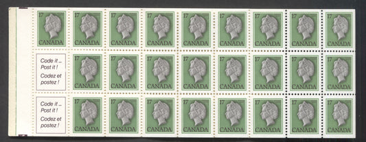 Lot 91 Canada #BK81f (McCann #BK81Dd) 17c Green, Grey and Deep Rose Lilac Queen Elizabeth II, Complete Booklet of 25 + 2 Labels, Vertically Ribbed DF/DF Paper, NF Woman Mailing Letter Cover With Wavy Lines, 3 mm Tagging, Green Line on Tab