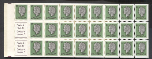 Lot 92 Canada #BK81b (McCann #BK81Da) 17c Green, Grey and Deep Rose Lilac Queen Elizabeth II, Complete Counter Booklet of 25 + 2 Labels, Vertically Ribbed DF/DF Paper, DF Woman Mailing Letter Cover With Wavy Lines, 3 mm Tagging