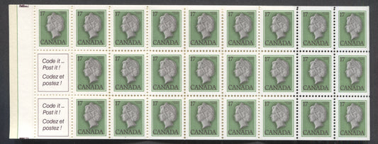 Lot 93 Canada #BK81f (McCann #BK81Dd) 17c Green, Grey and Deep Rose Lilac Queen Elizabeth II, Complete Booklet of 25 + 2 Labels, Vertically Ribbed DF/LF-fl Paper, NF Man and Mailbox Cover With Wavy Lines, 3 mm Tagging, Green Line on Tab