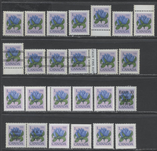 Lot 94 Canada #705-705xx, 781, 781iv, 781a-ai 1c Bottle Gentian, 1977-1982 Floral Issue A Specialized Lot of VFNH Singles on Different Papers, Including Shades, Precancels and Colour Shifts