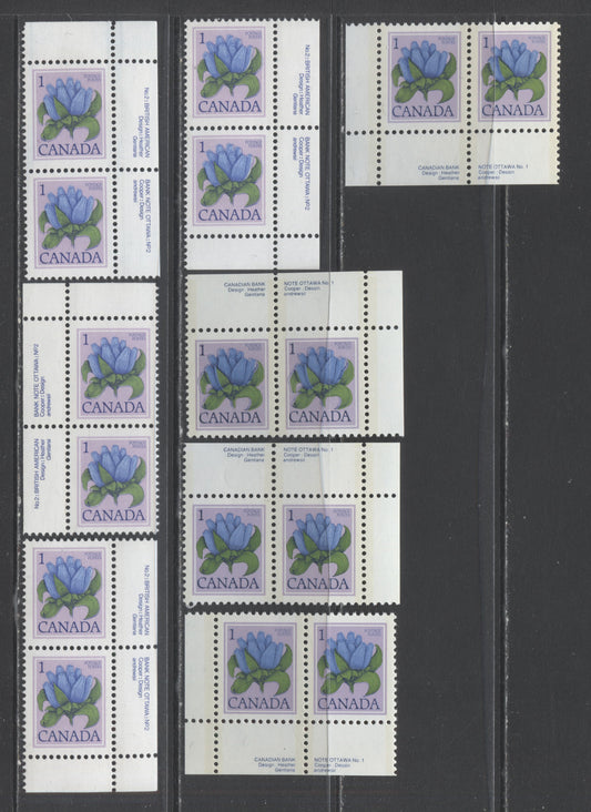Lot 95 Canada #705-705xx, 781, 781iv, 781a-ai 1c Bottle Gentian, 1977-1982 Floral Issue A Specialized Lot of VFNH Inscription Pairs on Different Papers, Including Shades, Precancels and Colour Shifts