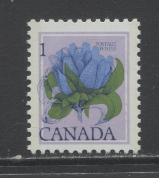 Lot 96 Canada #705 1c Bottle Gentian, 1977-1982 Floral Issue, A VFNH Example on NF/DF Ppaper Showing Dramatic Leftward-Downward Shift of the Engraving