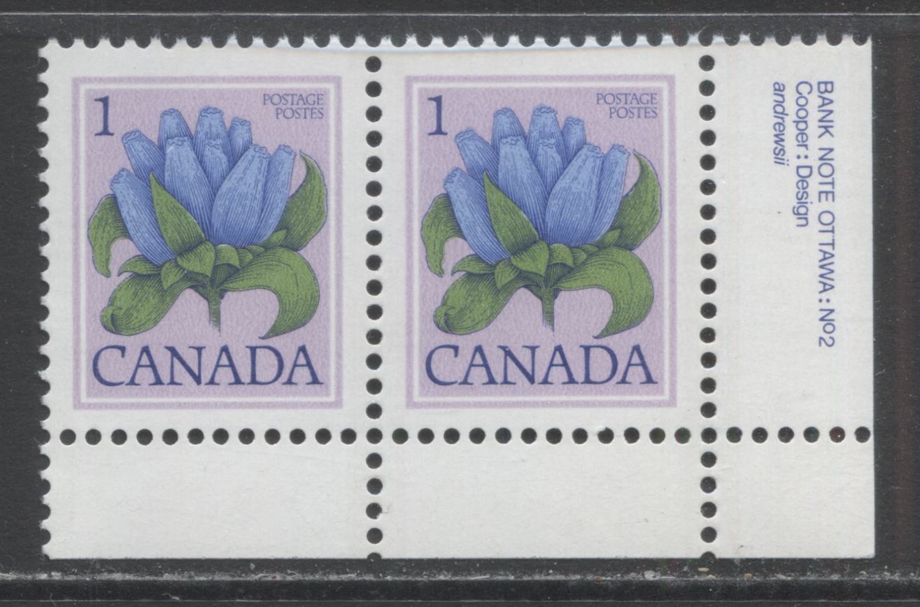 Lot 97 Canada #781 1c Bottle Gentian, 1977-1982 Floral issue, A VFNH Plate 2 Pair Showing Tagging Flaw on Right Stamp Similar to Hook Tag Flaw