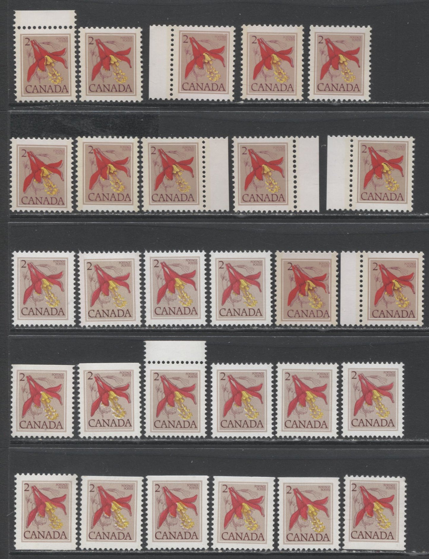 Lot 98 Canada #707, 782-iii, 782a-ai 2c Western Columbine, 1977-1982 Floral Issue A Specialized Lot of VFNH Singles on Different Papers, Including Shades, and Colour Shifts