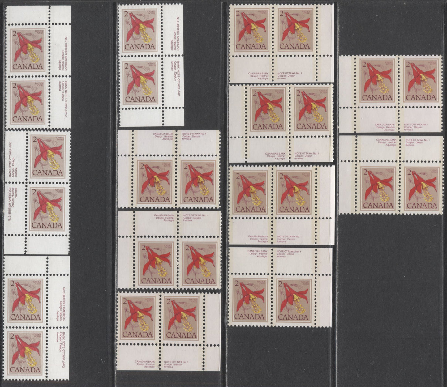 Lot 99 Canada #707, 782-iii, 782a-ai 2c Western Columbine, 1977-1982 Floral Issue A Specialized Lot of VFNH Inscription Pairs on Different Papers, Including Shades, and Colour Shifts