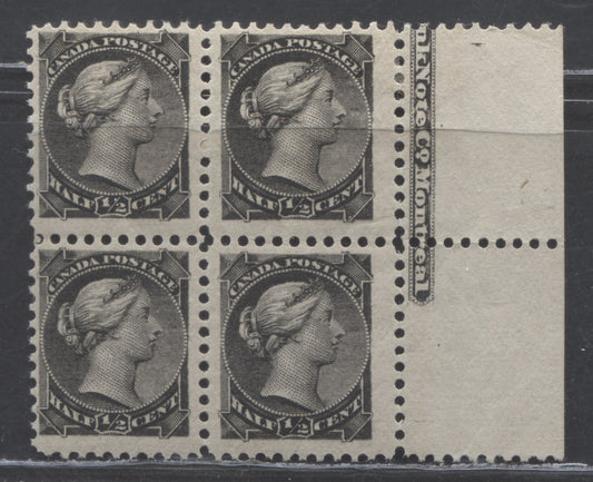 Lot 85 Canada #34 1/2c Black Queen Victoria, 1870-1893 Small Queens, A FOG/NH Inscription Block Of 4 With Minor Re-entry On 2 Stamps, Perf 12