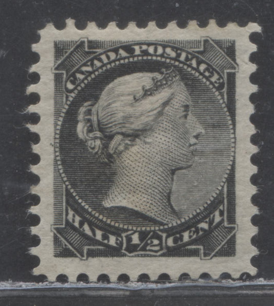 Lot 86 Canada #34var 1/2c Silver Black Queen Victoria, 1870-1893 Small Queens, A VFOG Single On Horizontal Wove Paper, Perf 12.1, Three Guide Dots in Left Medallion