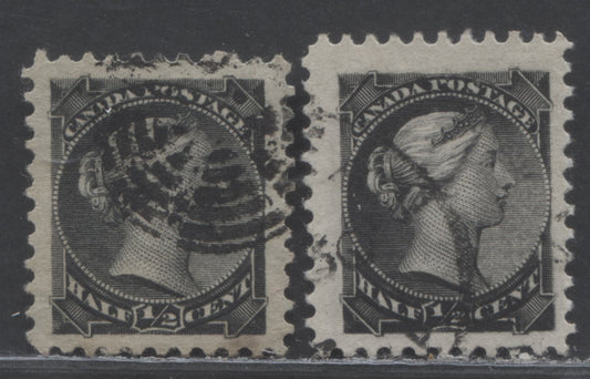 Lot 88 Canada #34vii,var 1/2c Black & Silver Black Queen Victoria, 1870-1893 Small Queens, 2 F/VFOG Singles, Montreal Printings, Perf 12, With Re-entries