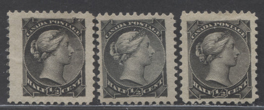 Lot 90 Canada #34var 1/2c Black & Silver Black Queen Victoria, 1870-1893 Small Queens, 3 Fine/Very Fine Unused Singles, Montreal Printings, No Gum, With Re-entries