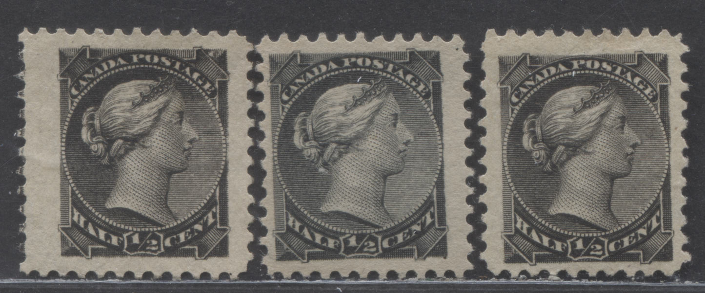 Lot 90 Canada #34var 1/2c Black & Silver Black Queen Victoria, 1870-1893 Small Queens, 3 Fine/Very Fine Unused Singles, Montreal Printings, No Gum, With Re-entries