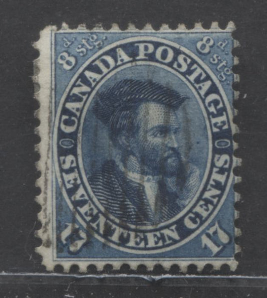 Lot 9 Canada #19 17c Blue Jacques Cartier, 1861 - 1864 Cents Issue, A Fine Used Single On Unlisted Thick Paper With Position Dot Over Shoulder, Perf 12x11  3/4