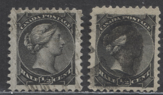 Lot 91 Canada #34var 1/2c Black Queen Victoria, 1870-1893 Small Queens, 2 Fine/Very Fine Used Singles, Montreal & 2nd Ottawa Printingsd With Plate Scratches/Re-entries