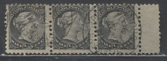 Lot 97 Canada #34i 1/2c Gray Black Queen Victoria, 1870-1893 Small Queens, A Fine Used Gutter Strip Of 3 On Horizontal Wove Paper, Perf 12, Jan 27th 1896 CDS Cancel