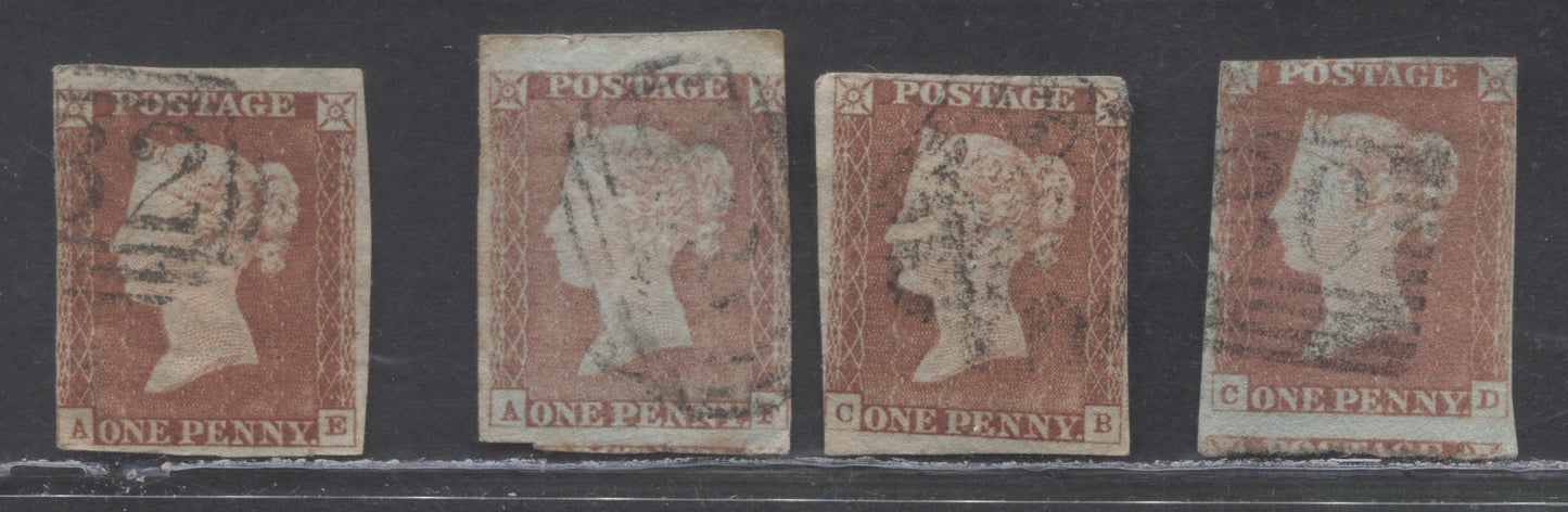 Lot371A Great Britain SC#3 (SG#B1) 1d Red Brown 1841-1854 Imperf Penny Reds, Alphabet I, Weak Lower Corner Squares And Weak Squares In 3 Corners, 4 Fair - Good Used Examples, Click on Listing to See ALL Pictures, Estimated Value $15 USD