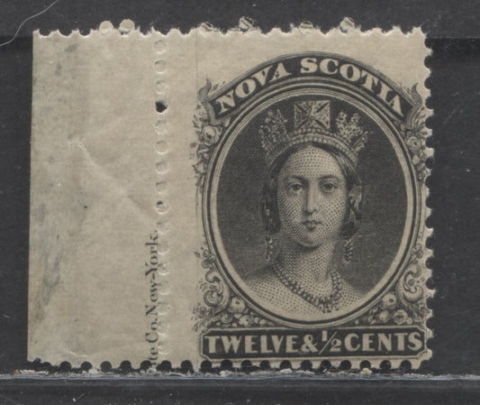 Lot 84 Nova Scotia #13 12 1/2c Black Queen Victoria, 1860 - 1863 Queen Victoria Issue, A FOG Single With Guideline Along Left Side And Imprint, Perf 11 3/4