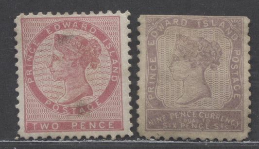 Lot 87 Prince Edward Island #5, 8 2d, 9d Rose, Violet Queen Victoria, 1862 - 1865 Queen Victoria Issue, 2 VG and Good Unused Singles 2d Has Thins, 9d Has Straight Edge