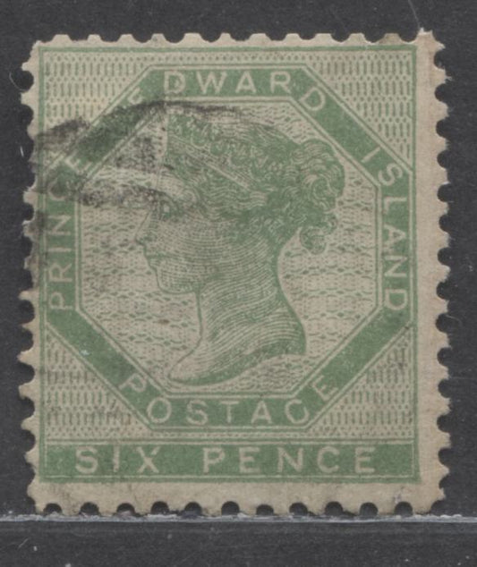 Lot 88 Prince Edward Island #7d 6d Yellow Green Queen Victoria, 1862 - 1865 Queen Victoria Issue, A Very Good Used Single Perf Compound 11x11 /12 x12