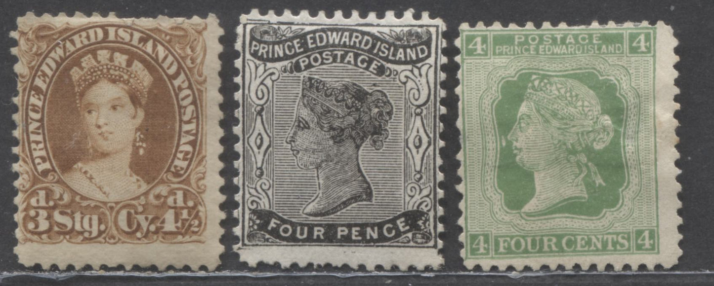 Lot 89 Prince Edward Island #9, 10i, 14 4d, 4 1/2 d, 4c Black, Yellow Brown, Green Queen Victoria, 1868 - 1872 Queen Victoria Issue, 3 Good OG & Unused, VGOG Singles 4d And 4c Have Small Thins