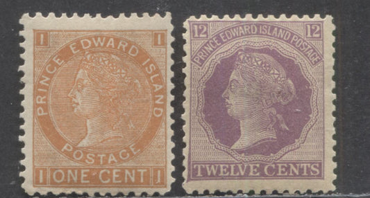 Lot 92 Prince Edward Island #11, 16 1c, 12c Brown Orange, Violet Queen Victoria, 1872 Queen Victoria Cents Issue, 2 FOG Singles Perfs 11.9x12 & 12.2x12.1