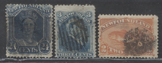 Lot 98 Newfoundland #31, 48, 49a 24c, 2c, 3c Blue, Red Orange, Blue Various Designs, 1865 - 1896 Cents Issues, 3 Ungraded Singles