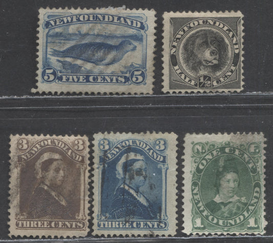 Lot 99 Newfoundland #44,49,51,55,58 1c, 3c, 3c, 5c, 1/2c  Various Designs, 1880 - 1896 Cents Issues, 5 Good - Very Good Used Singles