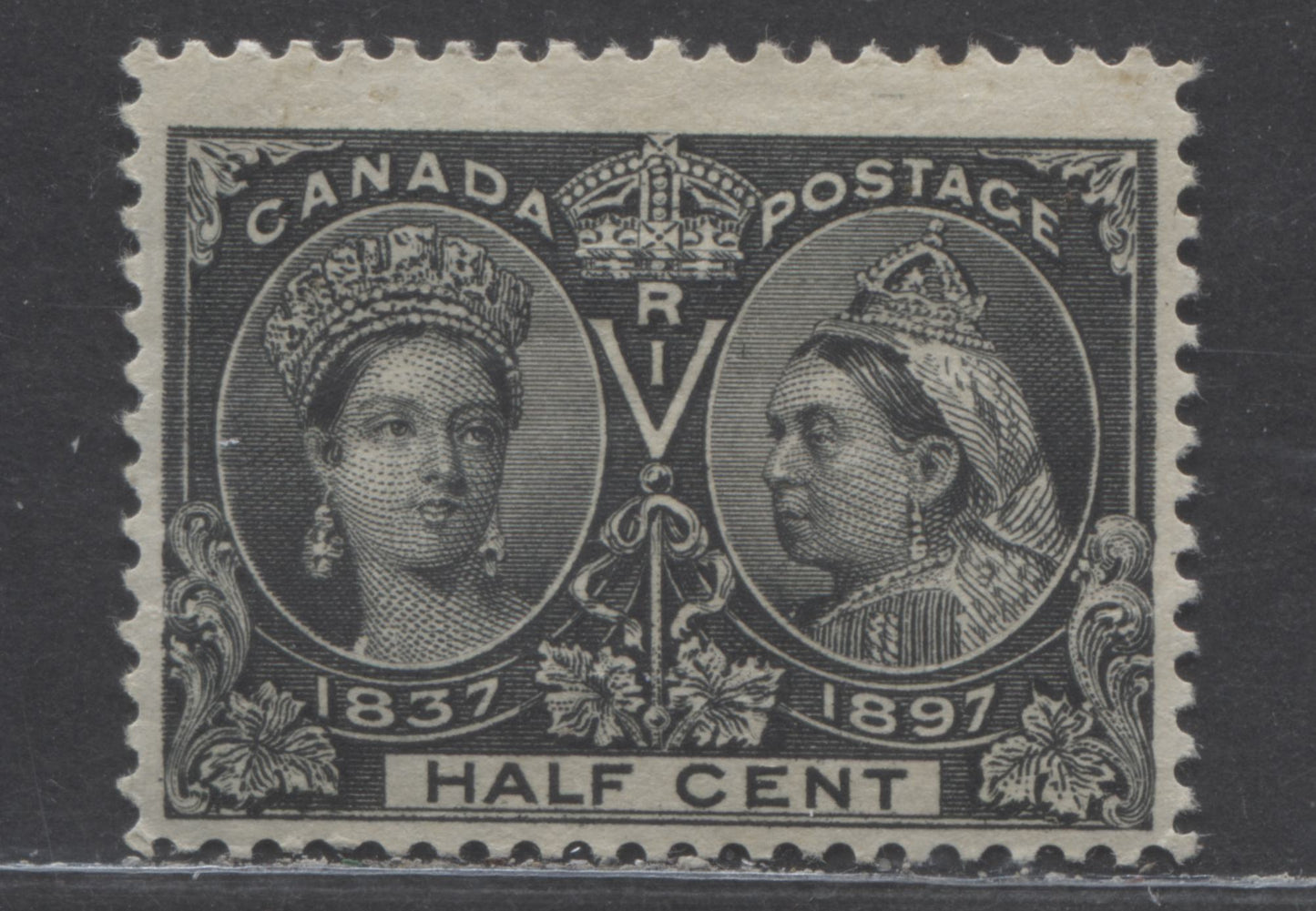 Lot 12 Canada #50 1/2c Jet Black Queen Victoria, 1897 Diamond Jubilee Issue, A FOG Single With A Horizontal Line In A & Vertical Line In Front Of Queen