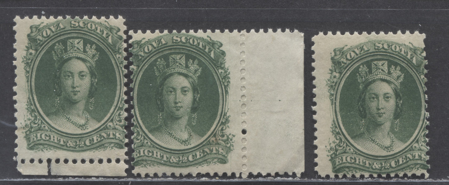 Lot 7 Nova Scotia #11a 8.5c Deep Green Queen Victoria, 1860-1863 Cents Issue, 3 FNH Singles On White Paper With Guidelines & Guide Dots