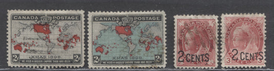 Lot 86 Canada #85i, 86b, 87-88 2c & 2c on 3c Gray, Black & Carmine - Carmine Mercator's Projection & Queen Victoria, 1898-1899 Imperial Penny Postage & Provisional Issues, 4 Fine Used Singles